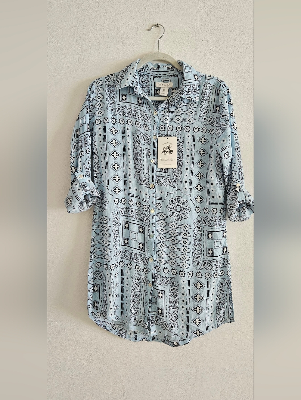 Rachel Zoe Light Blue Bandana-Print Shirt Mini Dress